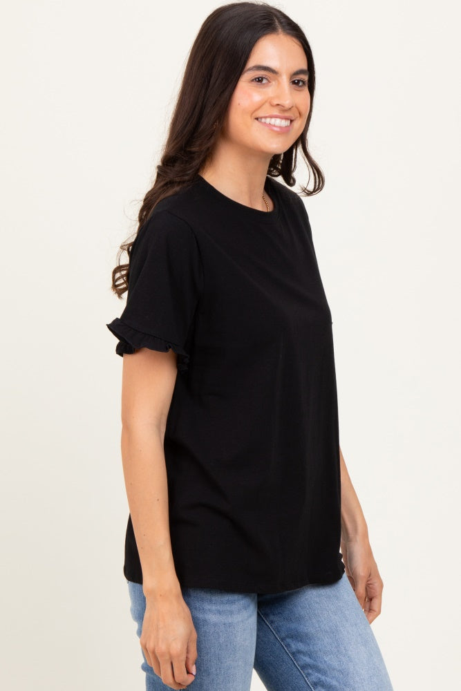 Black Ruffle Trim Short Sleeve T-Shirt