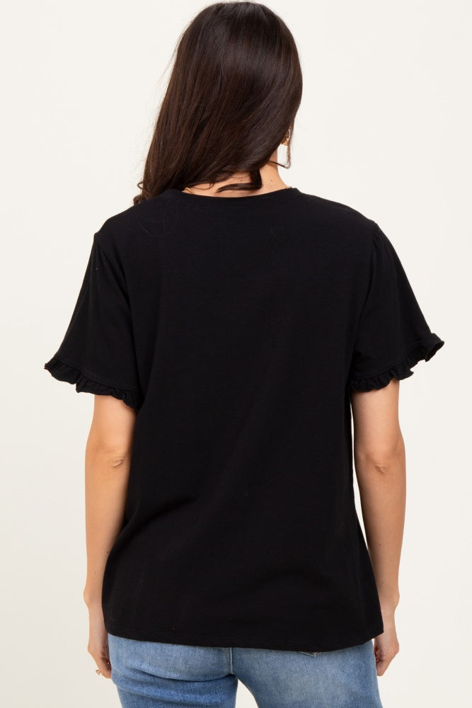 Black Ruffle Trim Short Sleeve T-Shirt