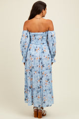 Light Blue Floral Off Shoulder Long Sleeve Maternity Maxi Dress
