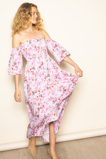 Light Pink Floral Off Shoulder Long Sleeve Maxi Dress
