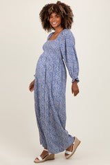 Blue Floral Long Sleeve Wide Leg Maternity Jumpsuit