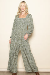 Olive Floral Long Sleeve Wide Leg Jumpsuit