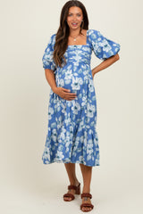 Blue Floral Pleated Bodice Maternity Midi Dress