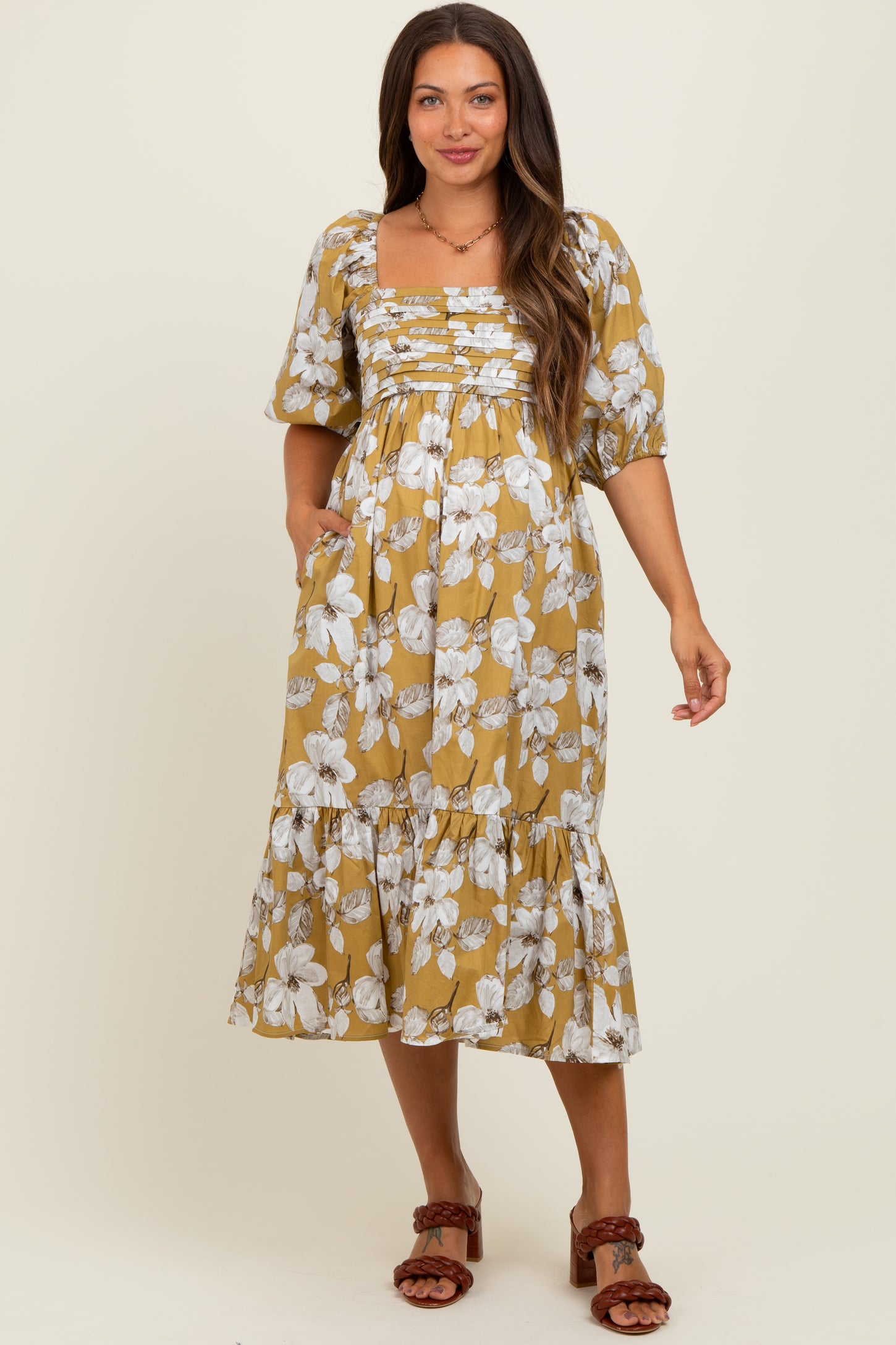 Olive Floral Pleated Bodice Maternity Midi Dress