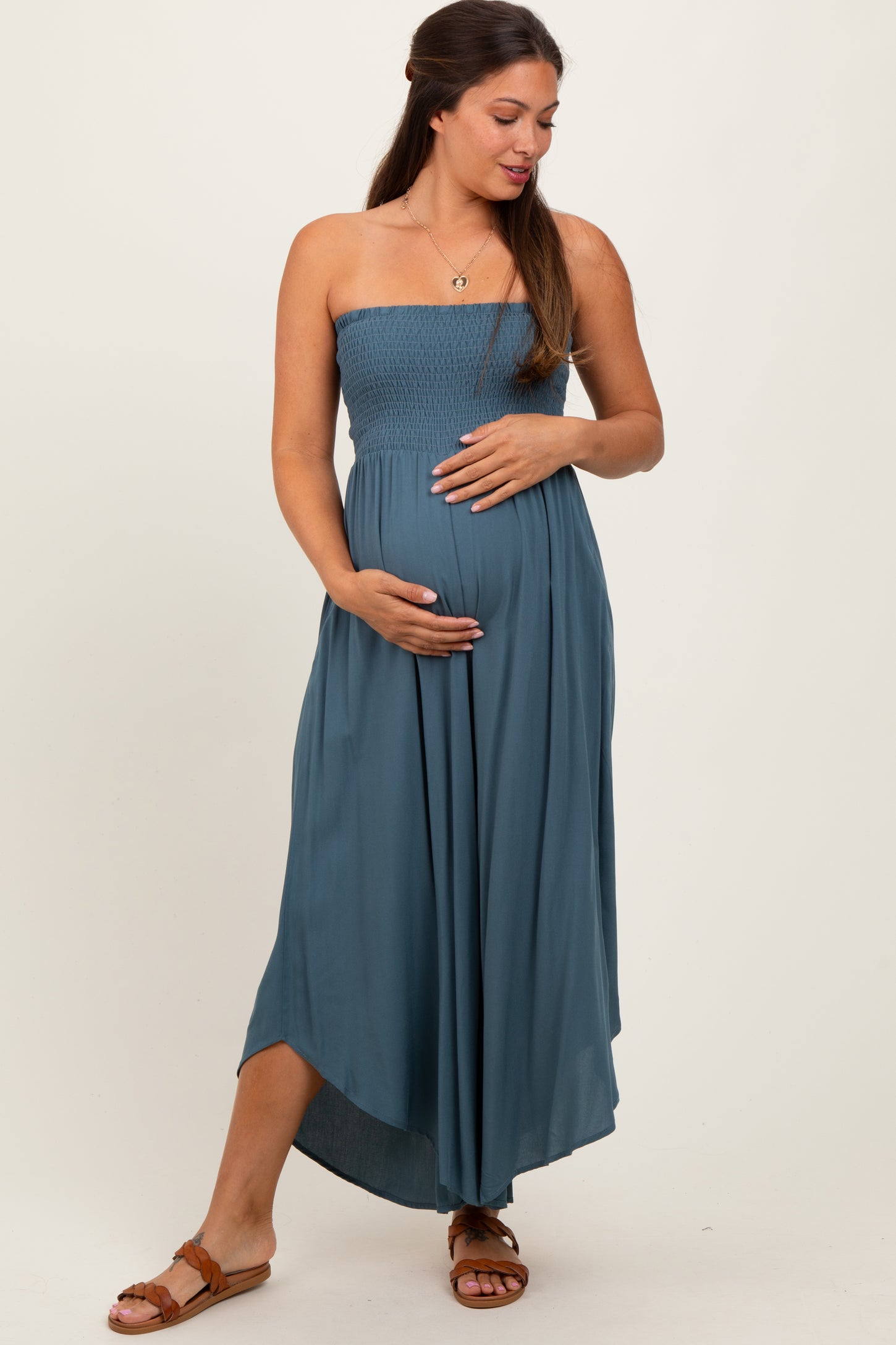 Dark Teal Strapless Smocked Tulip Leg Maternity Jumpsuit