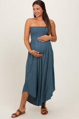 Dark Teal Strapless Smocked Tulip Leg Maternity Jumpsuit