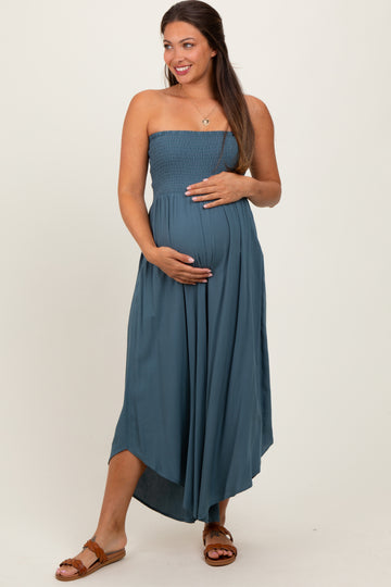 Dark Teal Strapless Smocked Tulip Leg Maternity Jumpsuit