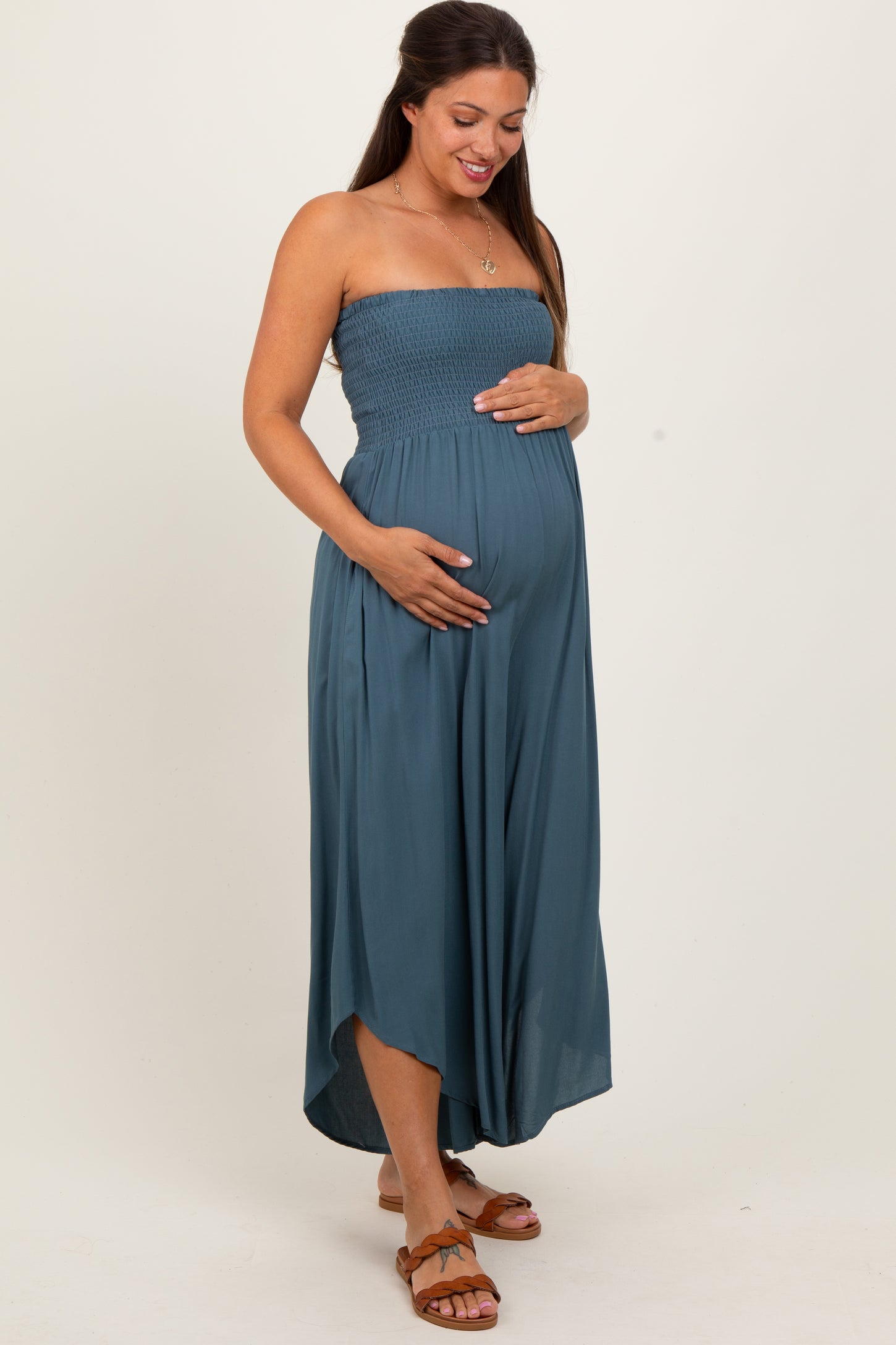 Dark Teal Strapless Smocked Tulip Leg Maternity Jumpsuit