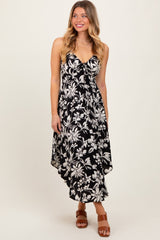 Black Tropical Floral Front Cinch Tie Midi Dress