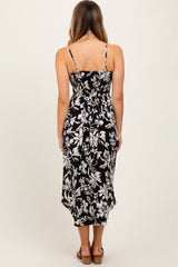 Black Tropical Floral Front Cinch Tie Midi Dress