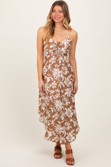 Camel Tropical Floral Front Cinch Tie Maternity Midi Dress