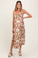 Camel Tropical Floral Front Cinch Tie Maternity Midi Dress