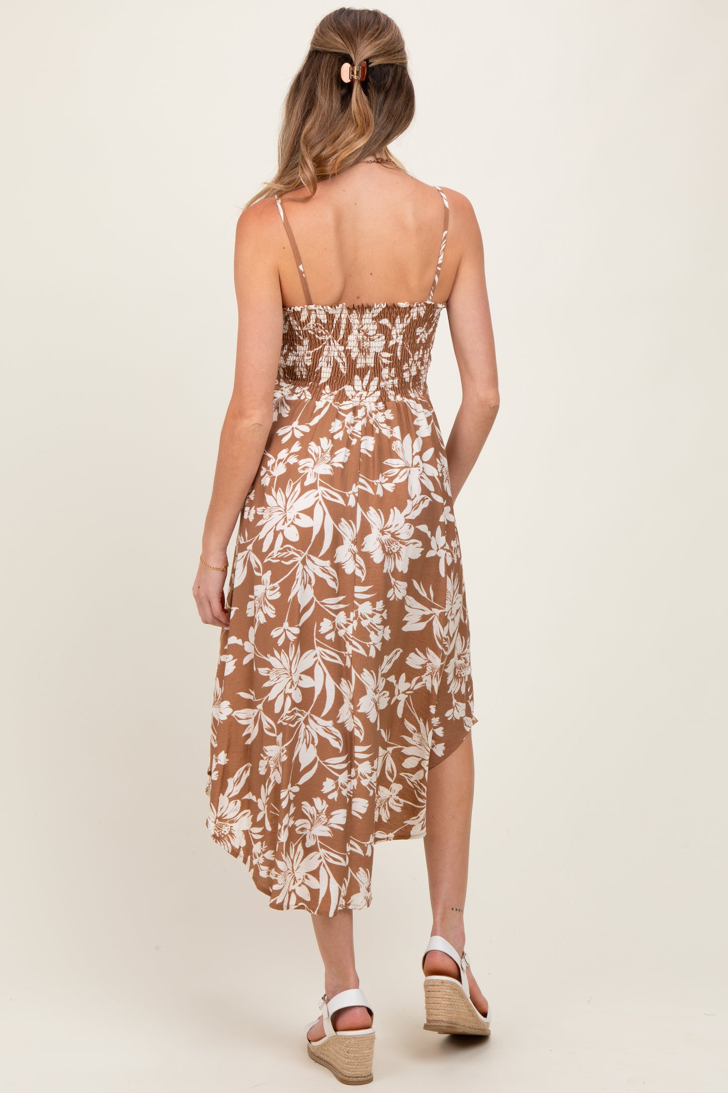 Camel Tropical Floral Front Cinch Tie Maternity Midi Dress