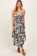 Black Tropical Floral Front Cinched Tie Midi Dress