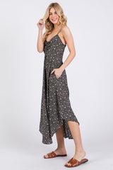 Black Floral Cinched Front Tie Midi Dress