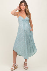 Mint Floral Cinched Front Tie Maternity Midi Dress