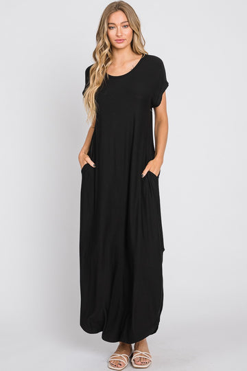 Black Round Hem Side Slit Maxi Dress