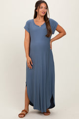 Blue Round Hem Side Slit Maternity Maxi Dress