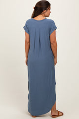 Blue Round Hem Side Slit Maternity Maxi Dress