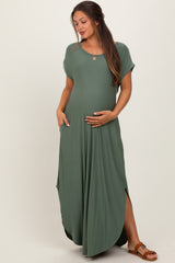Light Olive Round Hem Side Slit Maternity Maxi Dress