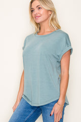 Light Olive Rolled Cuff Short Sleeve Top