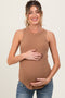 Camel Ribbed Basic Crew Neck Maternity Tank