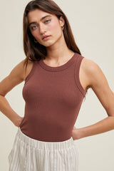 Brown Ribbed Basic Crew Neck Tank