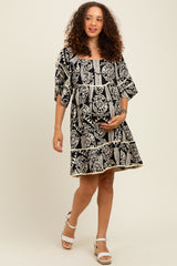 Black Printed Tie Back Contrast Trim Maternity Dress