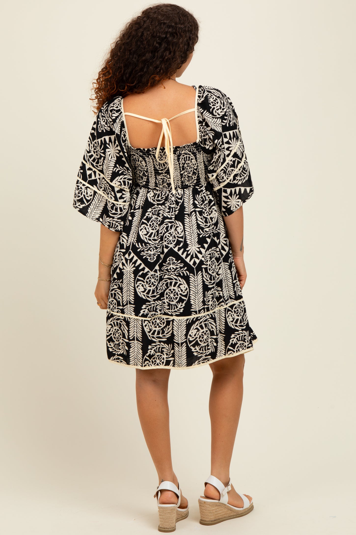 Black Printed Tie Back Contrast Trim Maternity Dress
