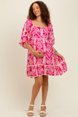 Fuchsia Printed Tie Back Contrast Trim Maternity Dress