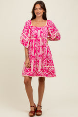 Fuchsia Printed Tie Back Contrast Trim Maternity Dress