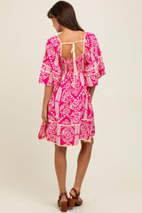 Fuchsia Printed Tie Back Contrast Trim Dress