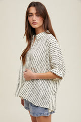 Ivory Striped Drop Shoulder Button Down Blouse