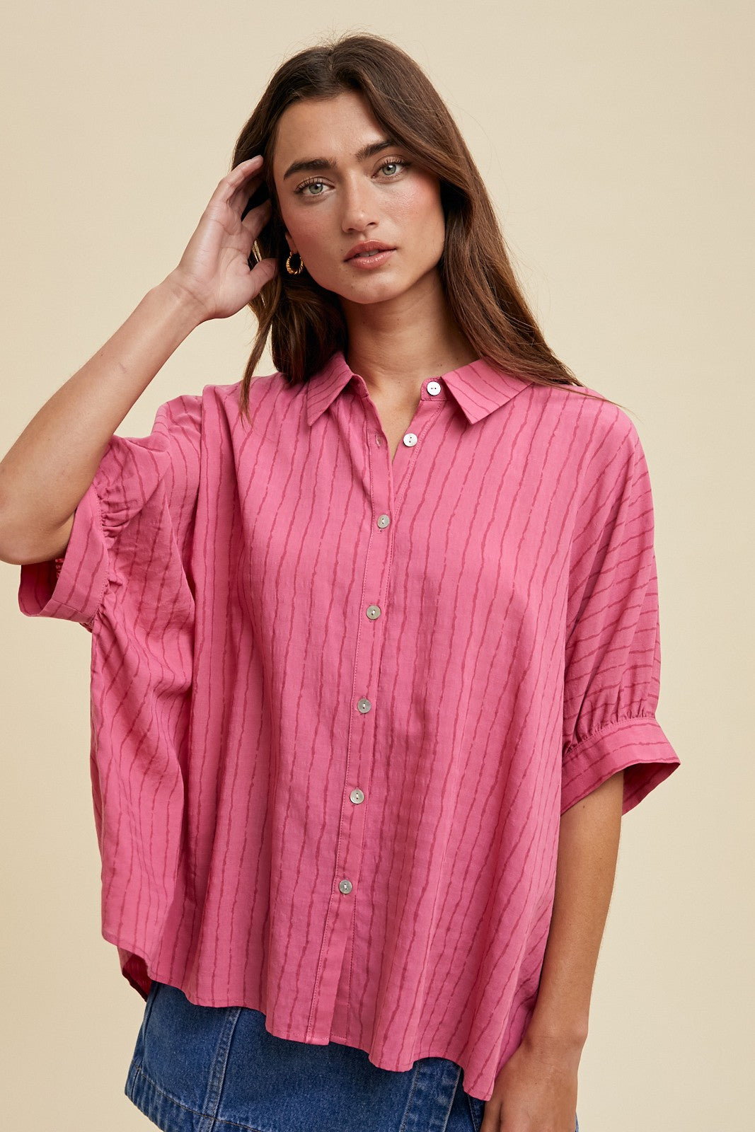 Fuchsia Striped Drop Shoulder Button Down Maternity Blouse