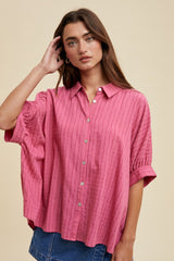 Fuchsia Striped Drop Shoulder Button Down Maternity Blouse