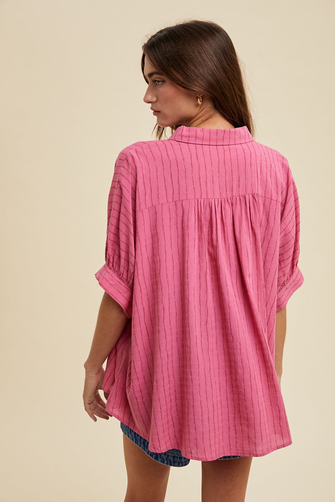 Fuchsia Striped Drop Shoulder Button Down Blouse
