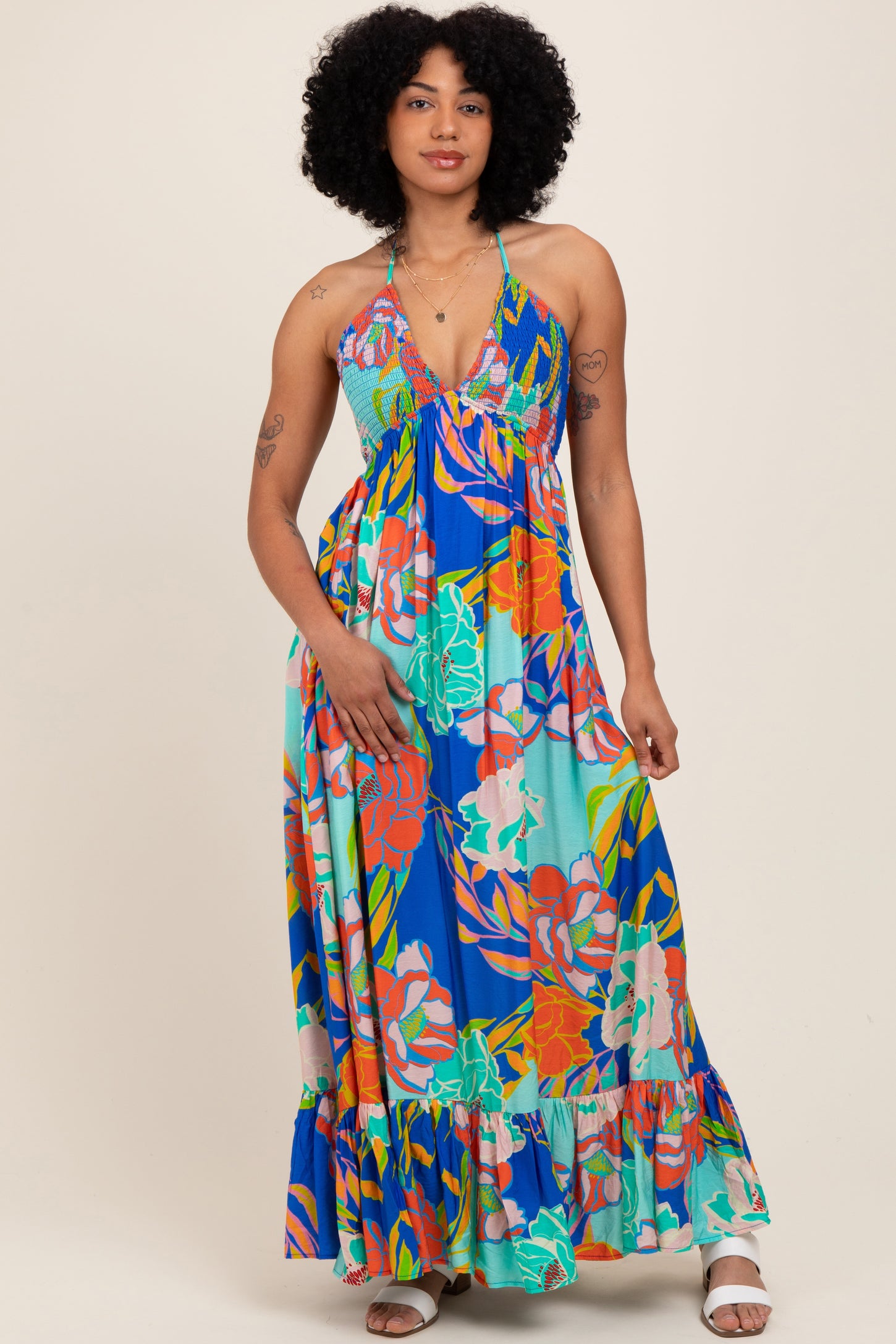 Royal Blue Floral Halter Cutout Tie Back Maxi Dress
