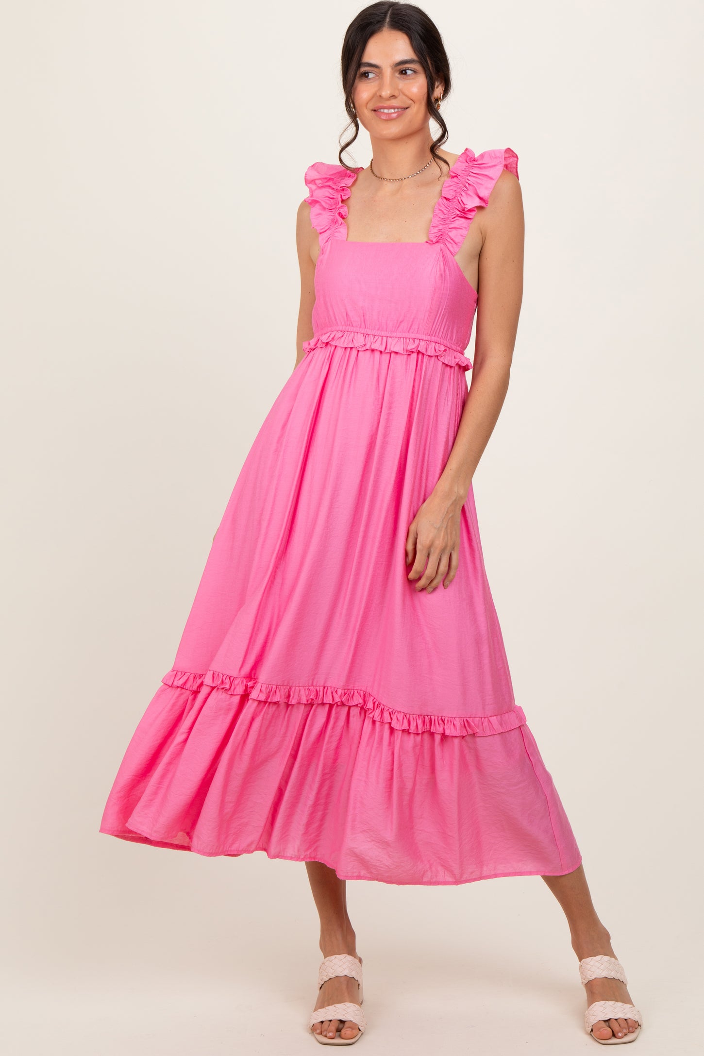 Pink Ruffle Strap Square Neck Maternity Midi Dress