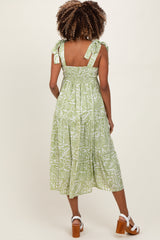 Light Olive Printed Tie Strap Tiered Maternity Midi Dress