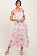 Pink Floral Chiffon Overlay Lace Shoulder Tie Maternity Midi Dress