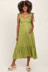 Light Olive Scallop Trim Shoulder Tie Maternity Midi Dress