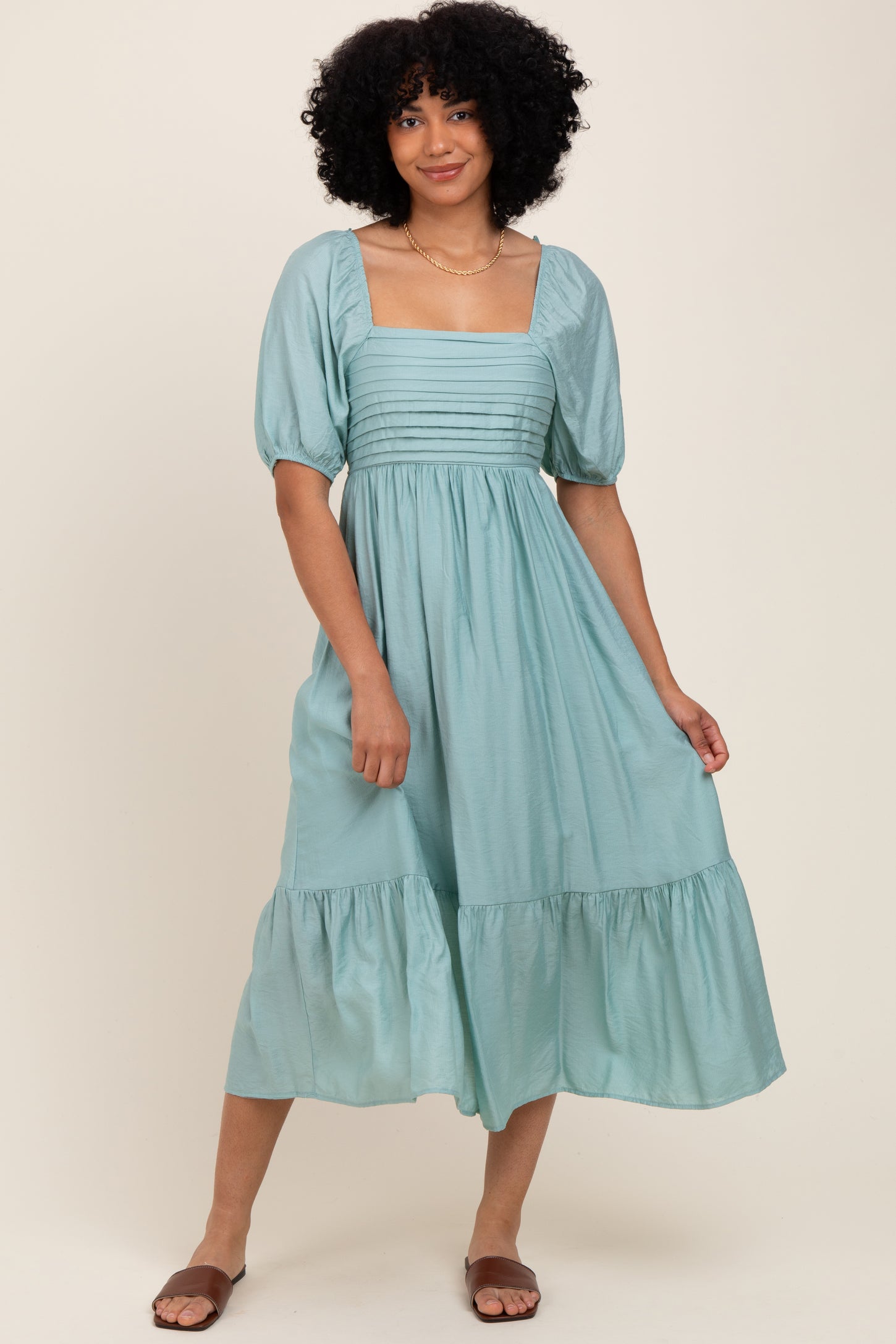 Light Olive Pleated Bodice Puff Sleeve Midi Dress