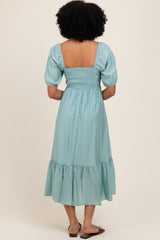 Light Olive Pleated Bodice Puff Sleeve Midi Dress