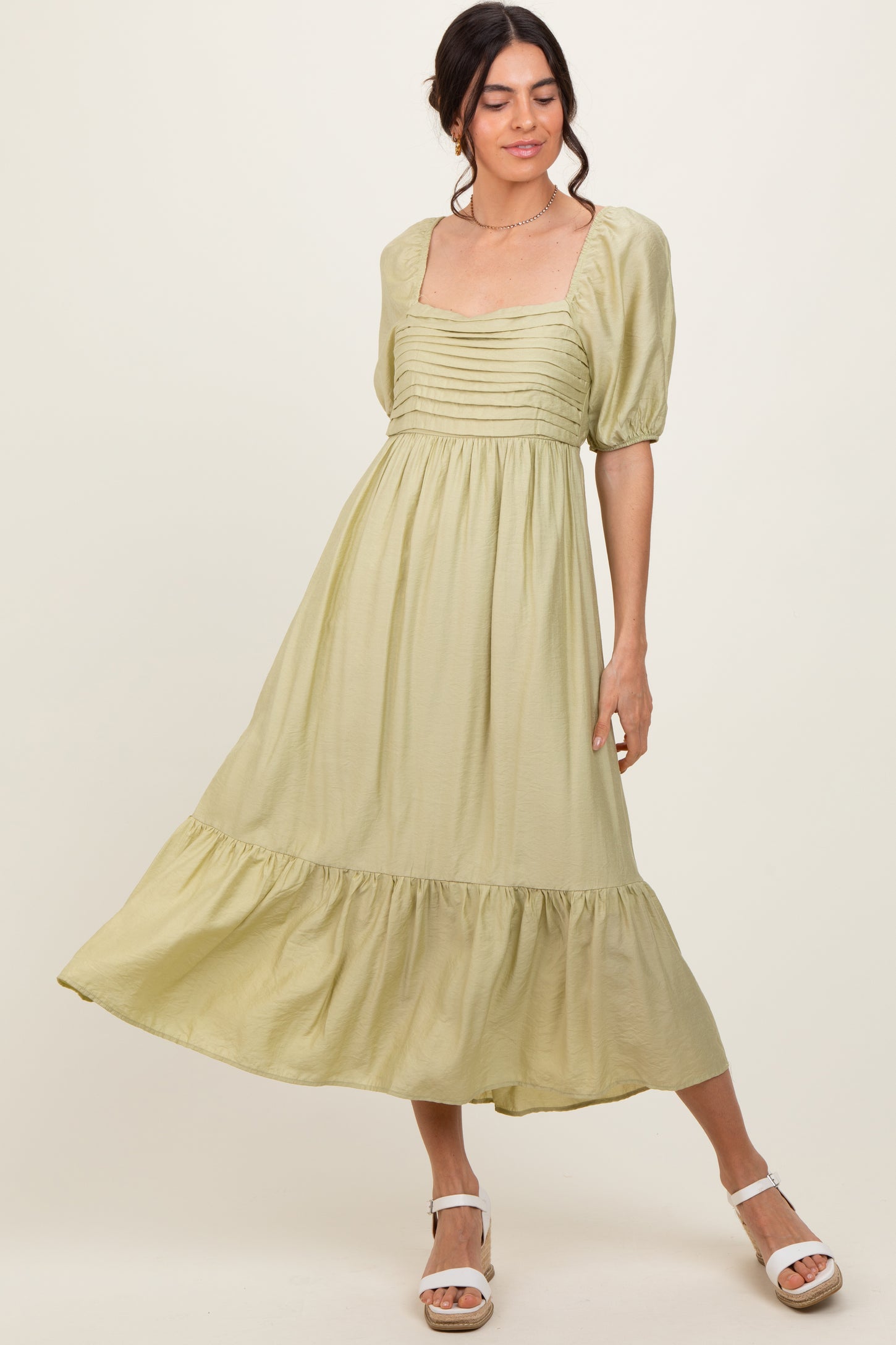 Mint Pleated Bodice Puff Sleeve Maternity Midi Dress