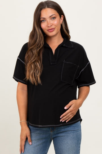 Black Solid Ribbed Collar V-Neck Maternity Tunic Top