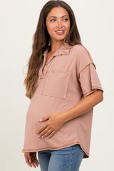 Beige Solid Ribbed Collar V-Neck Maternity Tunic Top