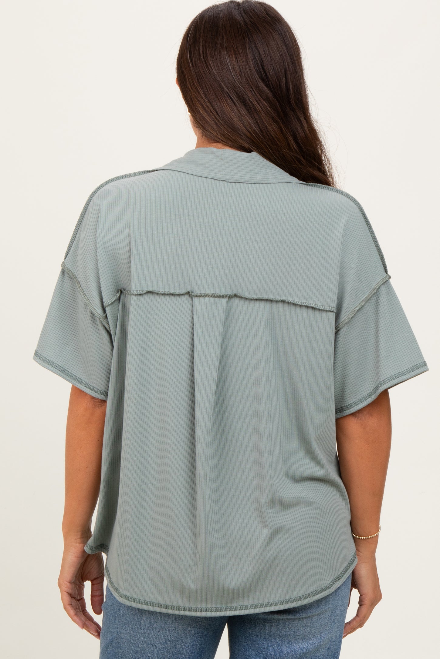 Olive Solid Ribbed Collar V-Neck Maternity Tunic Top