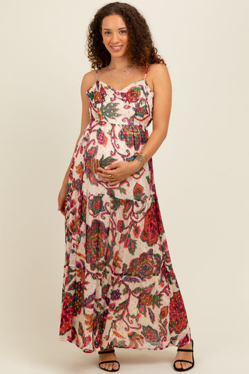 Cream Floral Back Cutout Tie Back Maternity Maxi Dress
