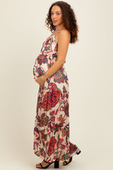 Cream Floral Back Cutout Tie Back Maternity Maxi Dress
