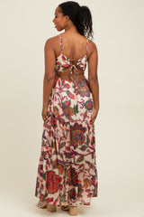 Cream Floral Back Cutout Tie Back Maxi Dress